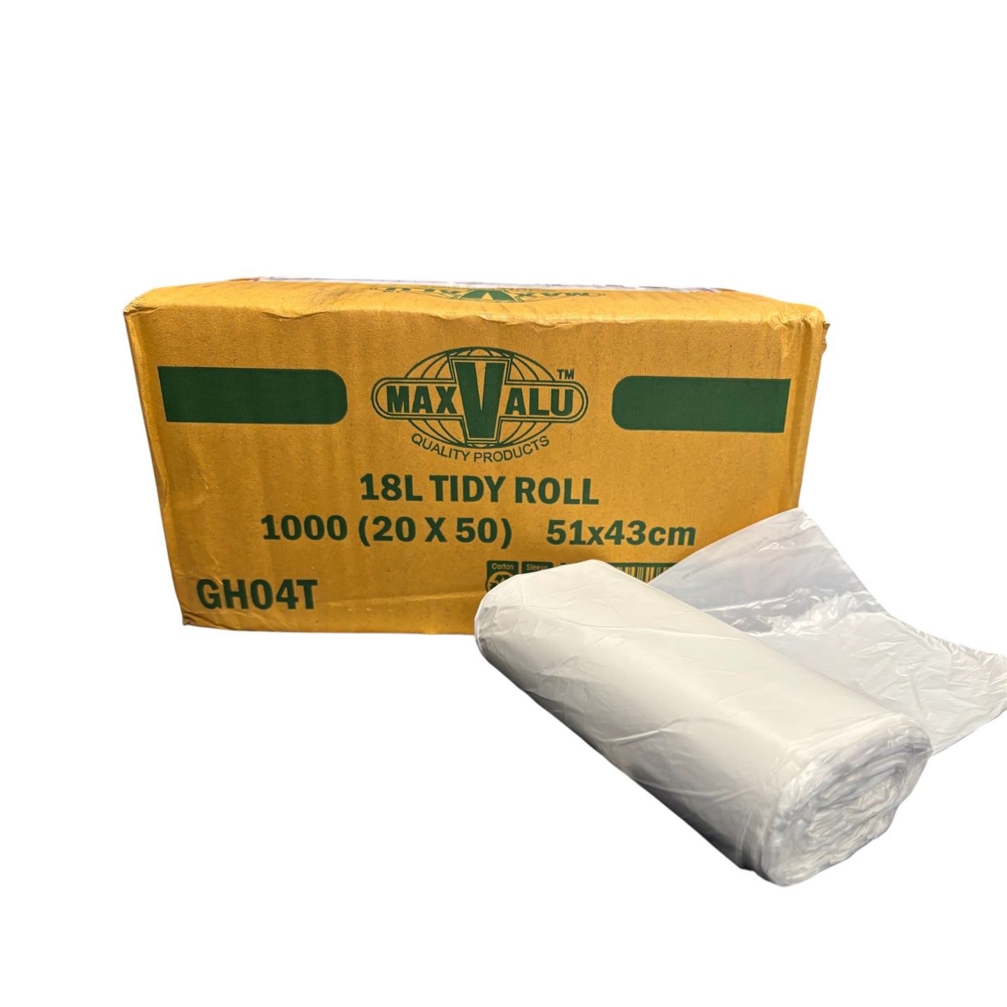 Max Valu 18L Tidy Roll packaging with a single roll on a white background