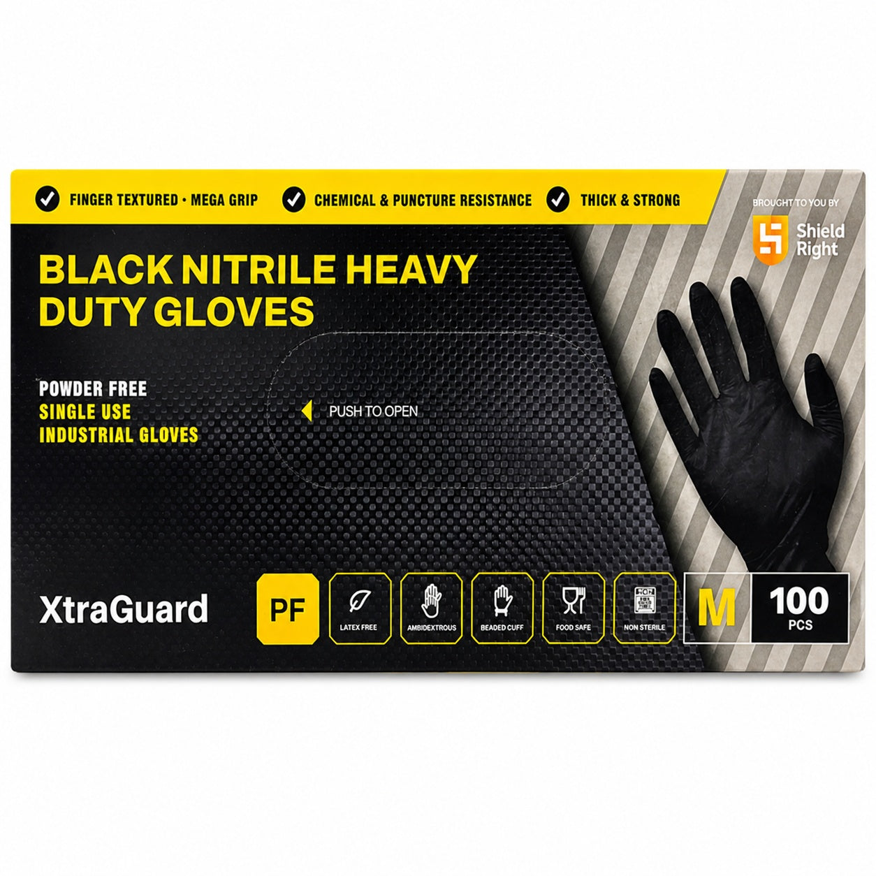 Black nitrile heavy duty gloves box with powder-free disposable industrial gloves, chemical-resistant and puncture-resistant protection, medium size 100 pack.