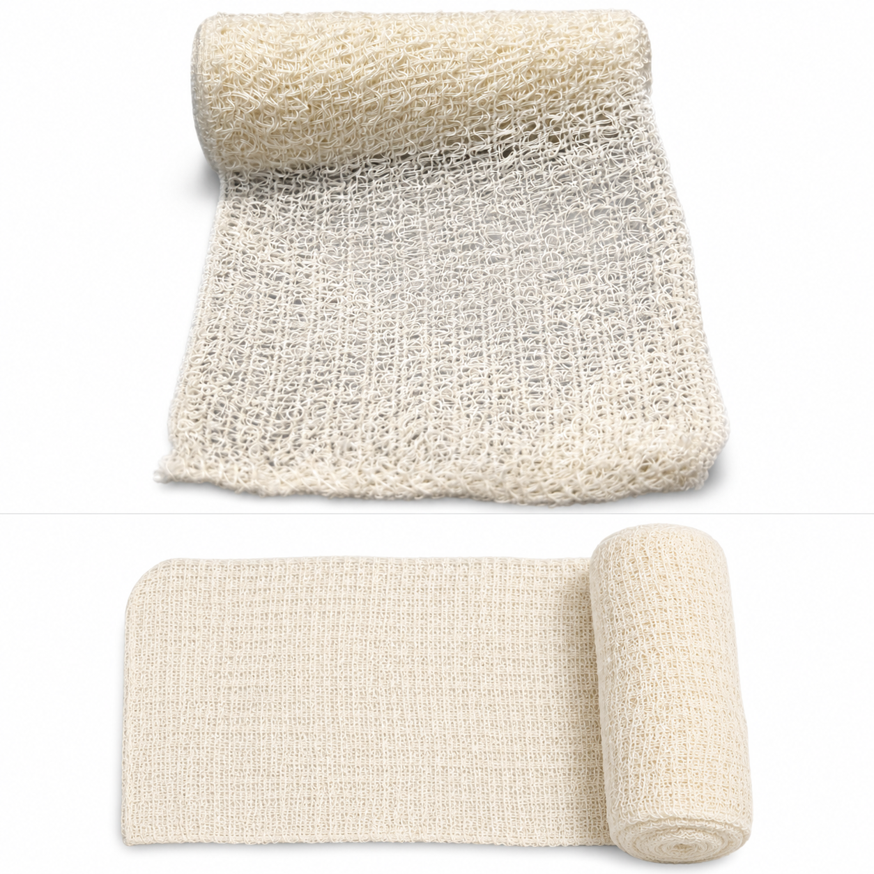 Elastic crepe bandage roll with unwrapped section displayed on a white background for first aid training and support wrapping use.
