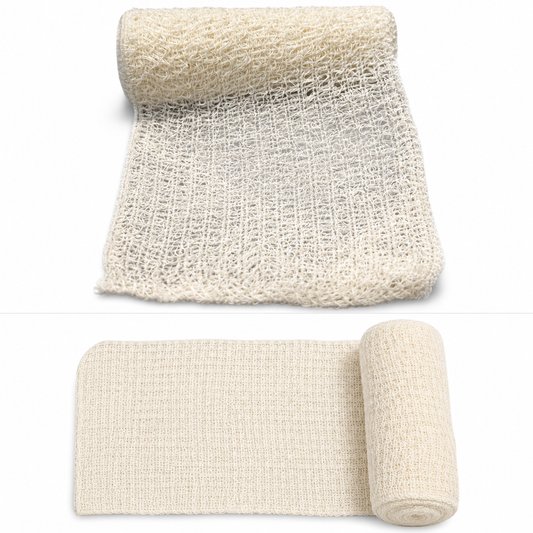 Elastic crepe bandage roll with unwrapped section displayed on a white background for first aid training and support wrapping use.
