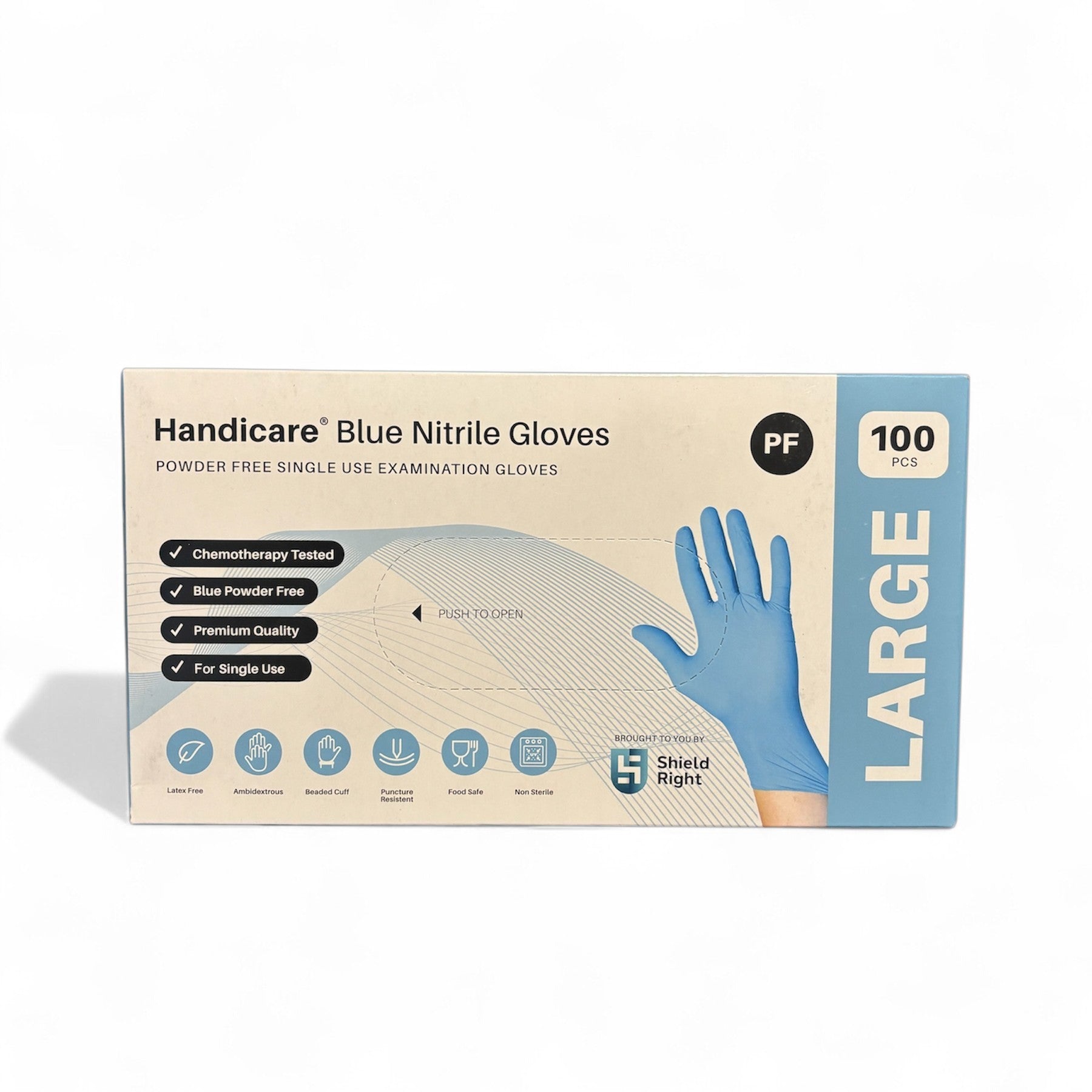 High quality, Nitrile gloves, Handicare, blue gloves, powder free, food safe, non-sterile, examination gloves, puncture resistant, ambidextrous gloves, cheap, affordable, latex-free