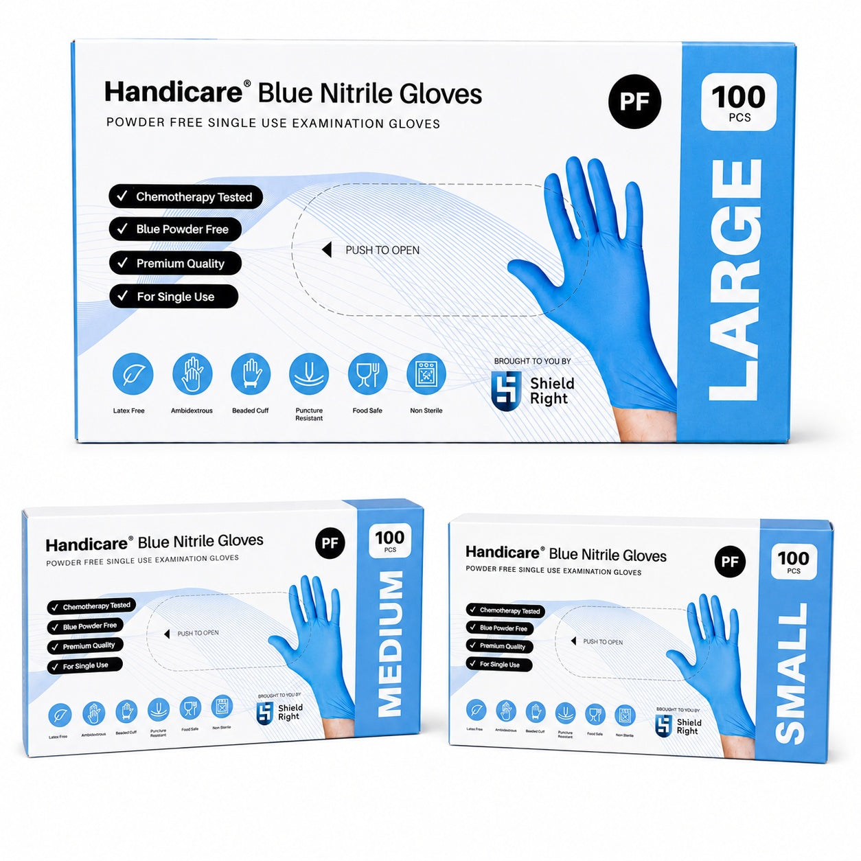 Handicare blue nitrile gloves in large, medium and small sizes, powder-free disposable examination gloves displayed in retail packaging.