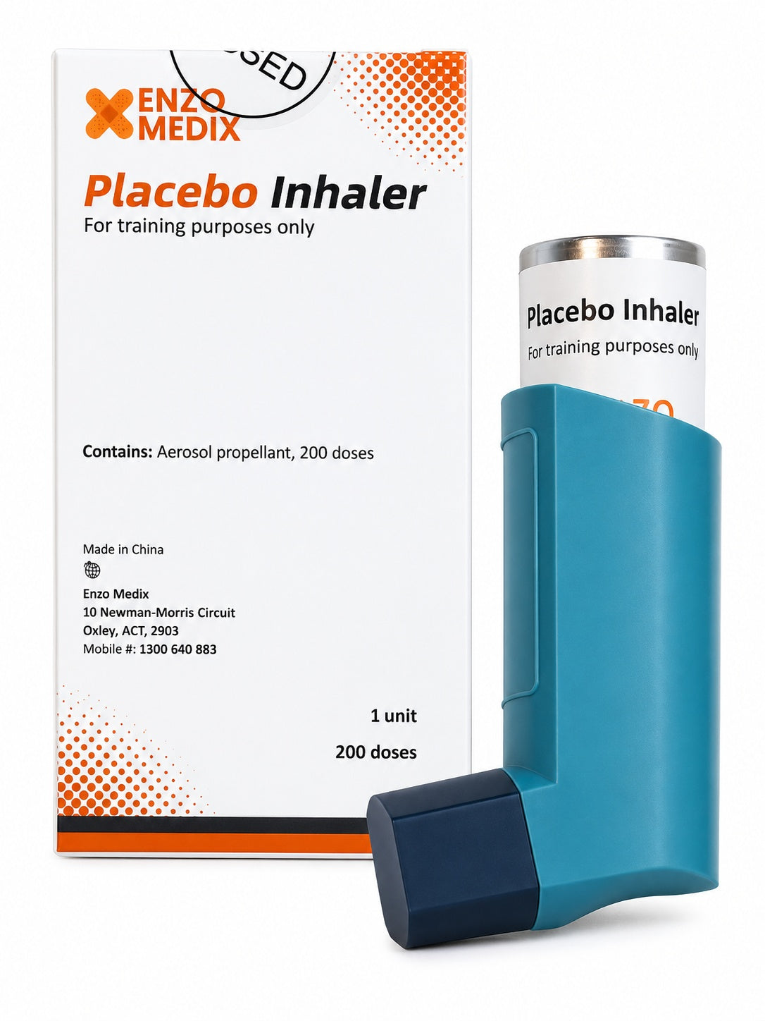 Enzo Medix placebo inhaler training device for asthma and respiratory training instruction, displayed on a white background.