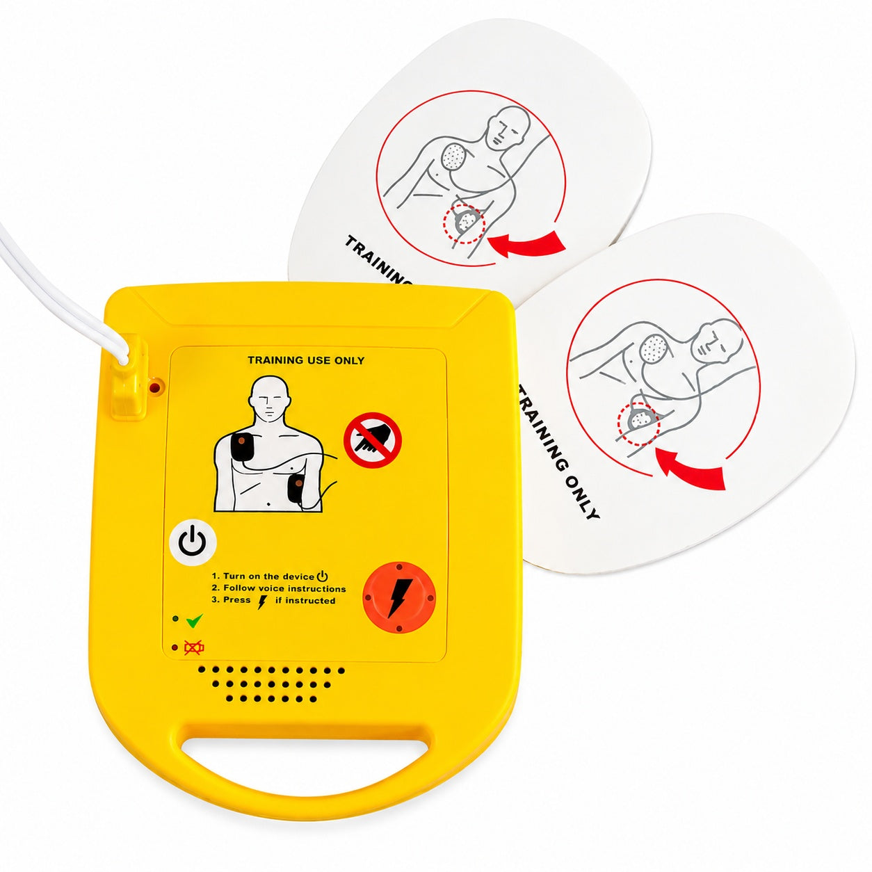 XFT MINI AED Trainer with adult training pads for CPR course demonstration