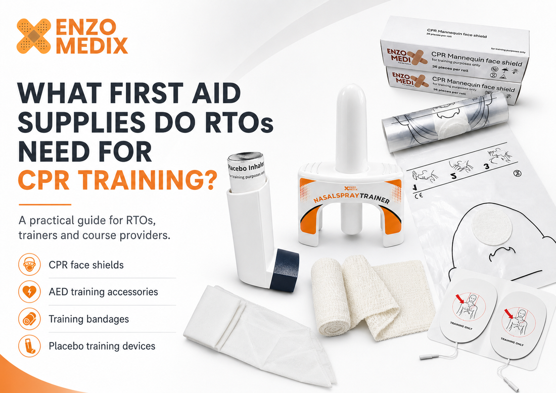 CPR and first aid training supplies for RTOs including AED trainer, CPR face shields, bandages, gloves and training consumables