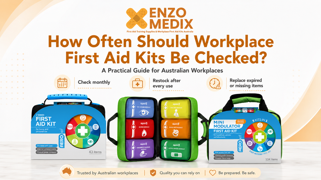 Workplace first aid kit contents being checked and restocked