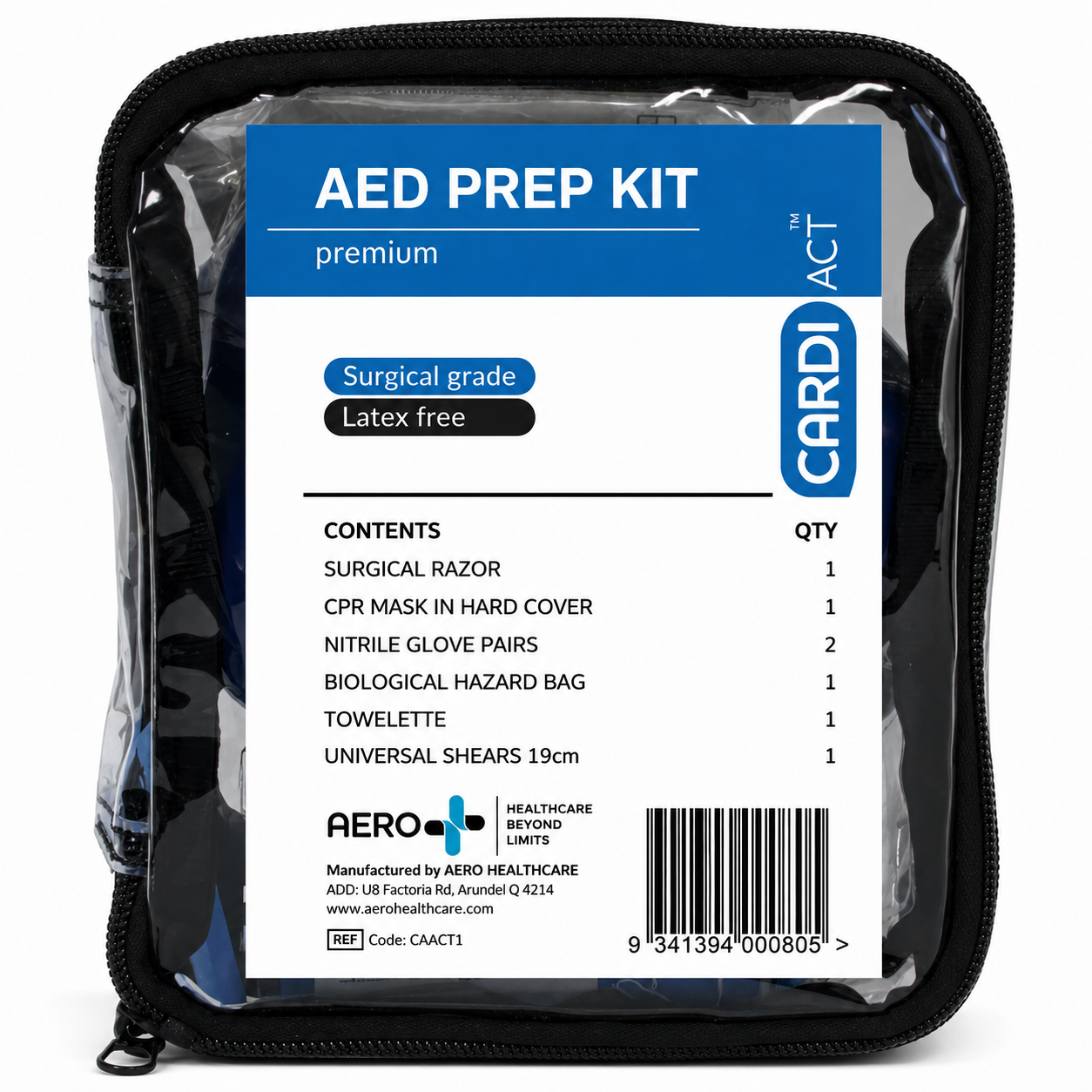 Premium AED prep kit in clear zip case with CPR mask, nitrile gloves, trauma shears, surgical razor, biohazard bag, and emergency response supplies.