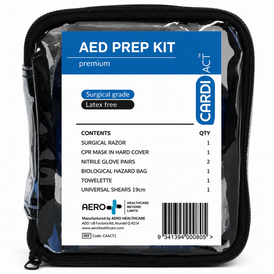 Premium AED prep kit in clear zip case with CPR mask, nitrile gloves, trauma shears, surgical razor, biohazard bag, and emergency response supplies.
