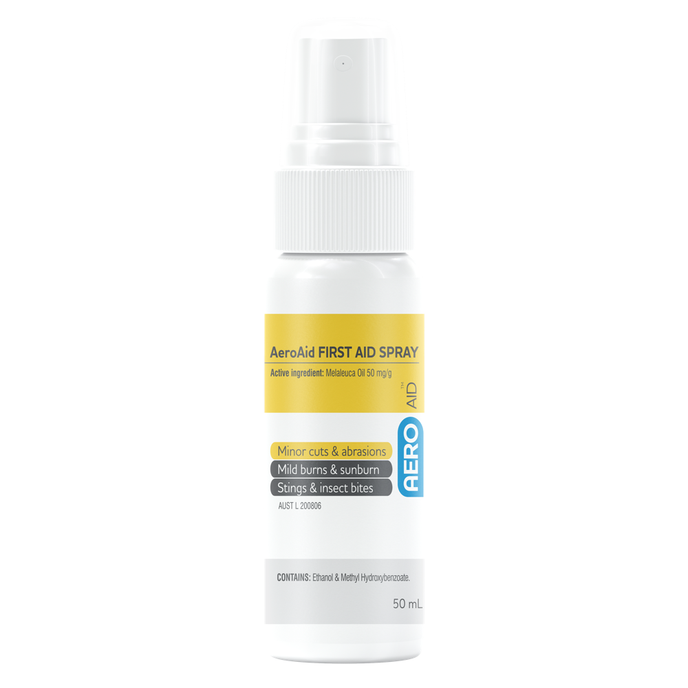 AeroAid first aid antiseptic spray bottle for minor cuts, abrasions, burns, insect bites, and wound care treatment.