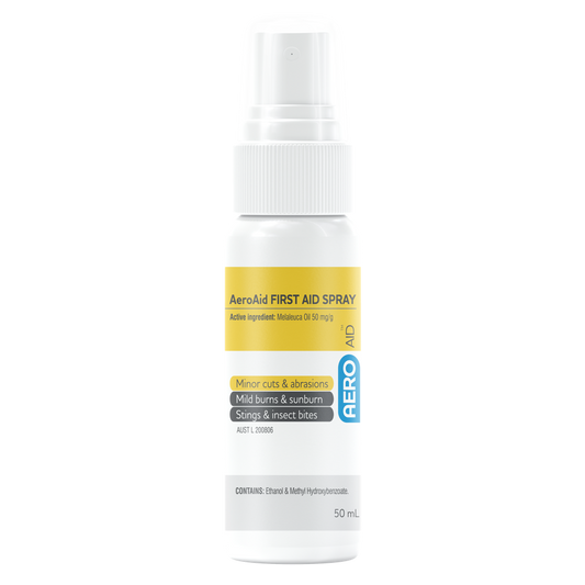 AeroAid first aid antiseptic spray bottle for minor cuts, abrasions, burns, insect bites, and wound care treatment.