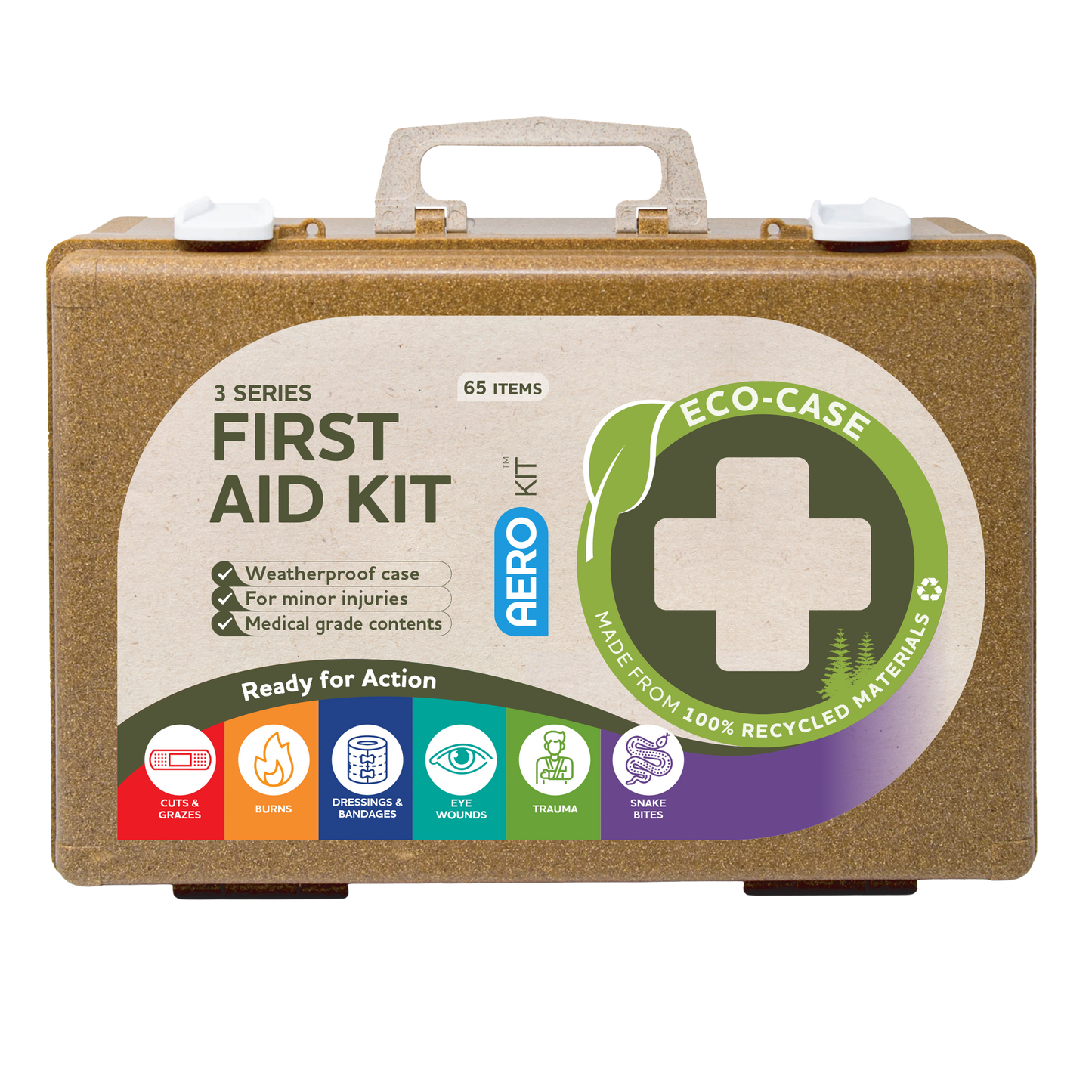 First aid kit with eco-friendly case on a white background