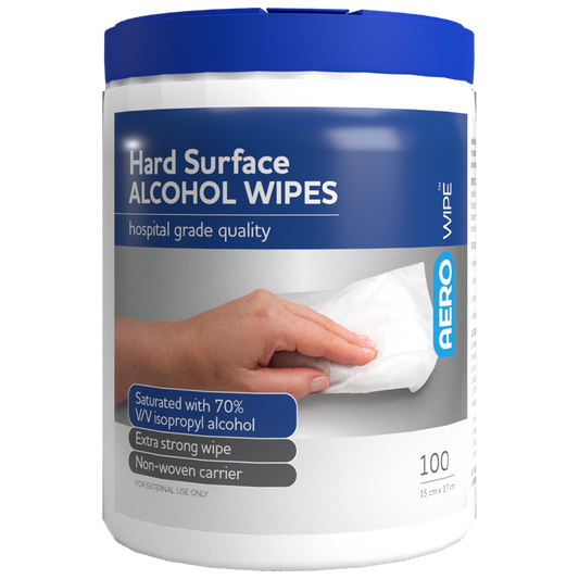 Tub of Alcohol Wipes with Aero branding on a white background