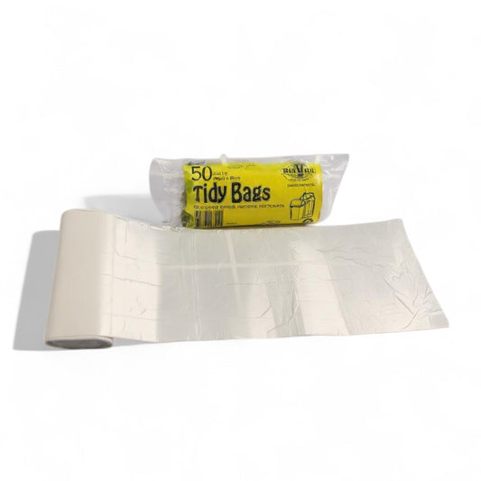 Roll of white trash bags with a package labeled 'Tidy Bags' on a white background