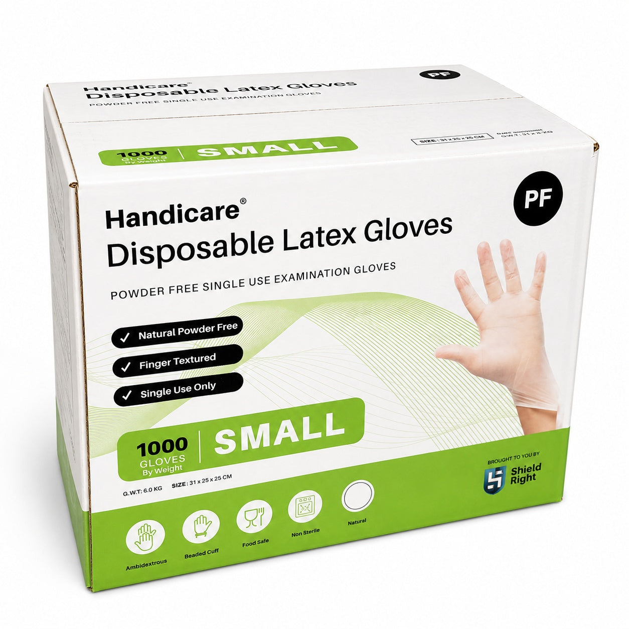 Handicare Disposable Latex Gloves box, small size, powder-free, finger textured, single use, 1000 gloves, on a clean white background