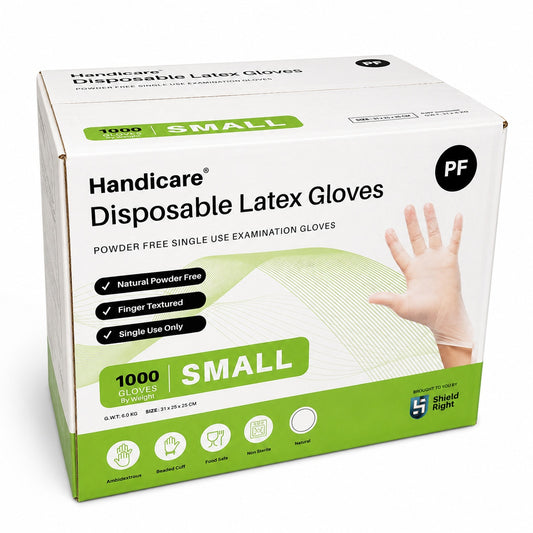 Handicare Disposable Latex Gloves box, small size, powder-free, finger textured, single use, 1000 gloves, on a clean white background