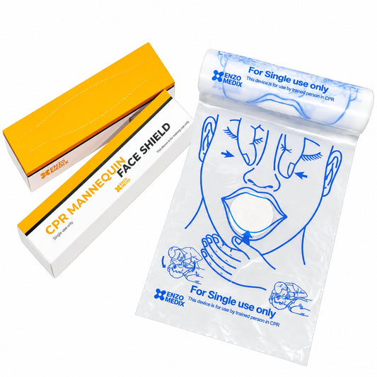 Enzo Medix disposable CPR manikin face shields for training use, shown with roll dispenser and instruction sheet.