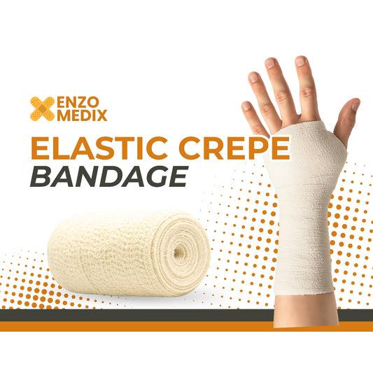 Enzo Medix elastic crepe bandage roll and wrapped wrist support bandage displayed on a promotional product graphic.
