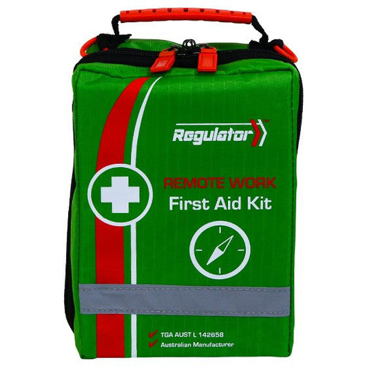 Green first aid kit with red accents and 'Regulator' branding on a white background