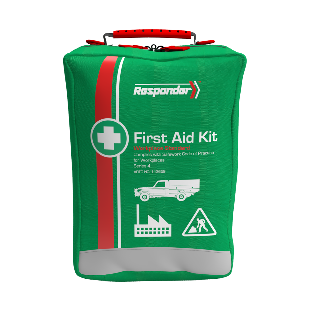 Green first aid kit with red stripe and 'Responder' branding on a white background