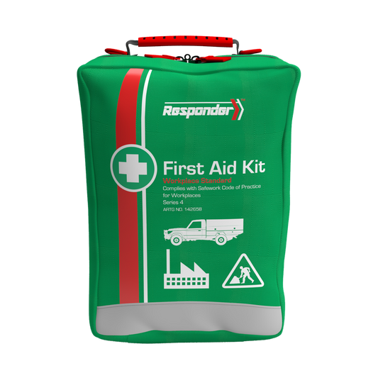 Green first aid kit with red stripe and 'Responder' branding on a white background