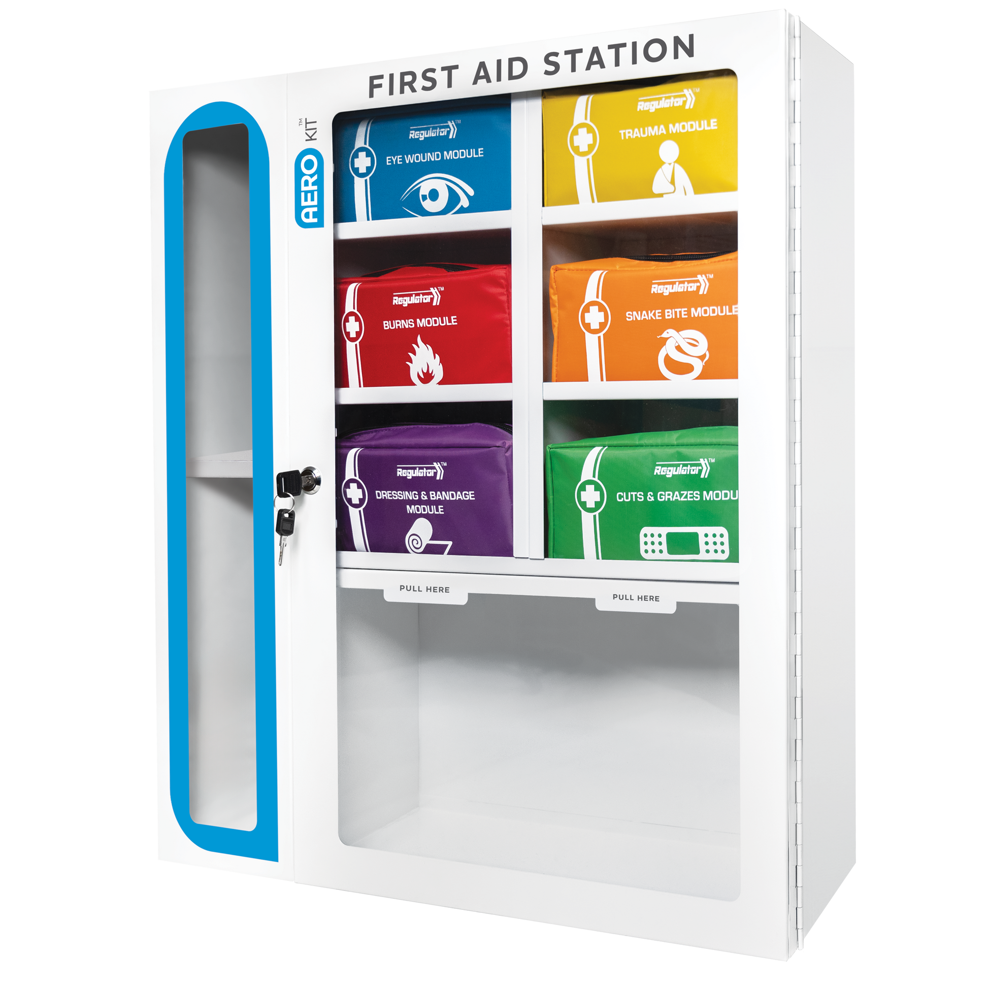 First aid station with various modules on a white background