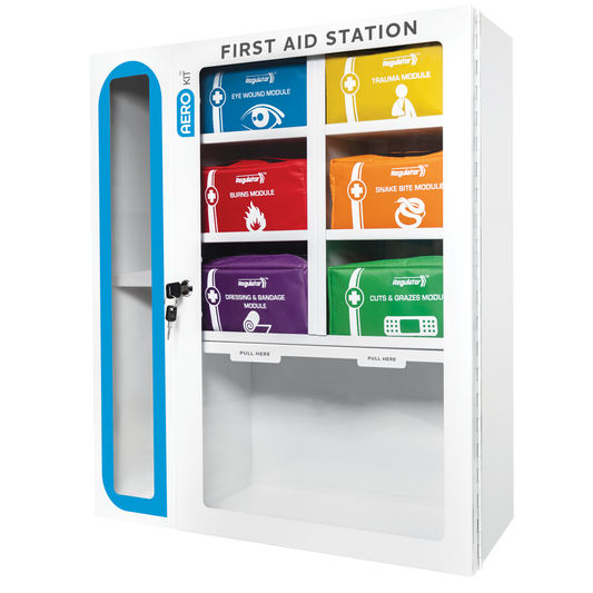First aid station with various modules on a white background