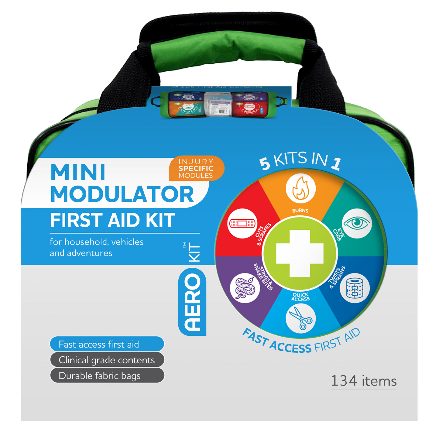 Mini Modulator First Aid Kit packaging with colorful design and text on a white background