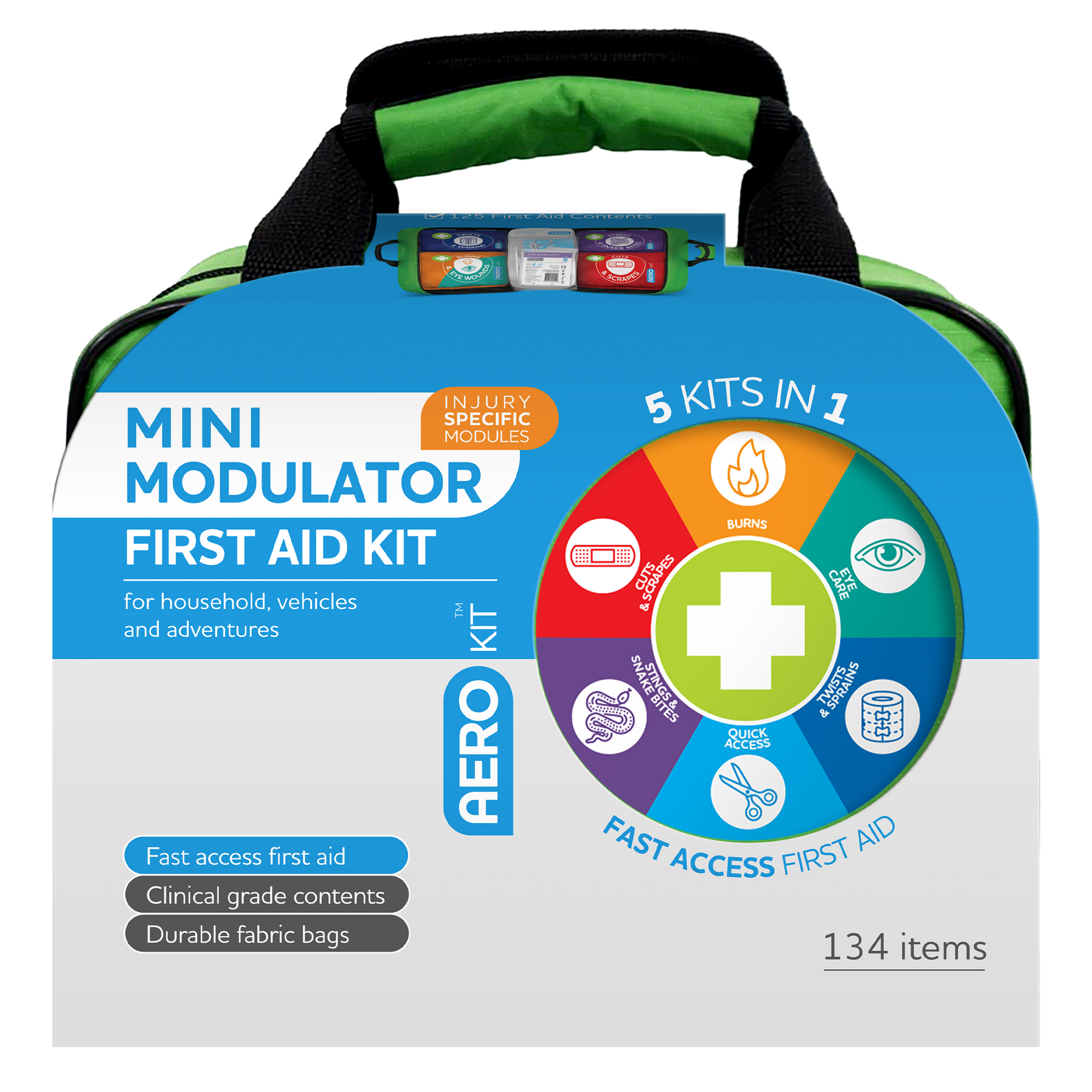 Mini Modulator First Aid Kit packaging with colorful design and text on a white background