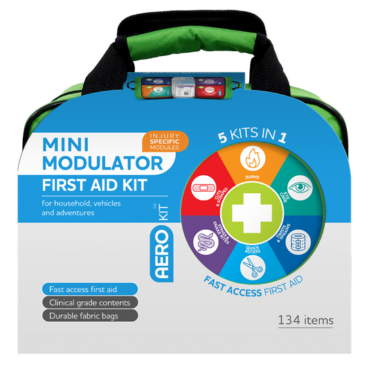 Mini Modulator First Aid Kit packaging with colorful design and text on a white background