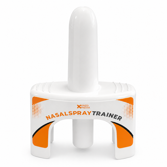 Nasal spray trainer device for first aid and emergency response training, shown on a white background.