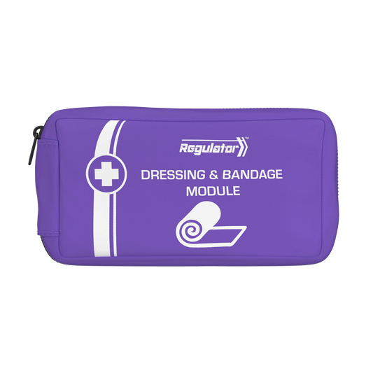 Purple dressing and bandage module pouch with white text and graphics on a white background
