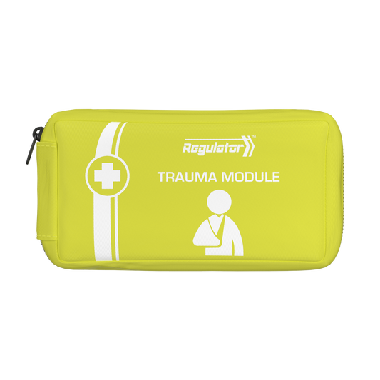 Bright yellow trauma module first aid pouch with medical cross symbol for emergency response and first aid kit organisation.