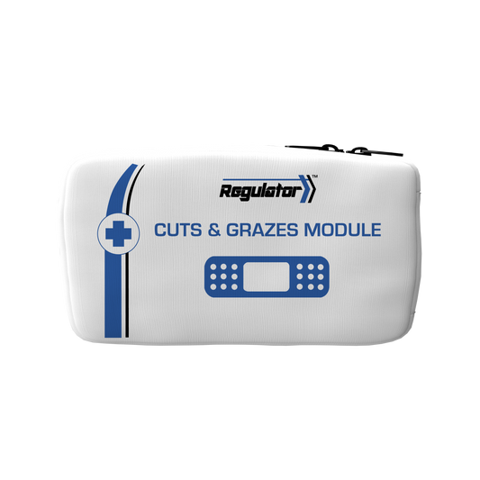 White first aid kit with blue accents and 'Regulator' branding on a white background
