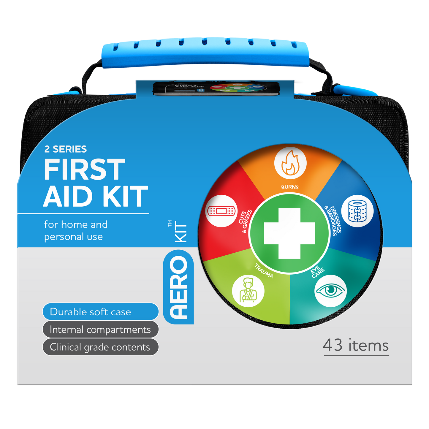 Aero 2 Series first aid kit with soft case and organised storage compartments for home and personal use environments.