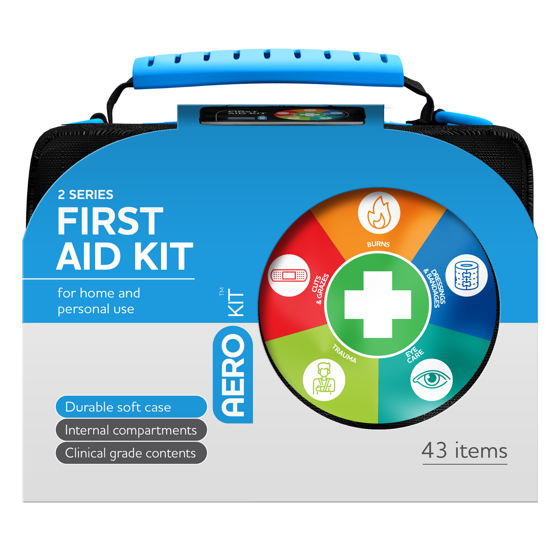 Aero 2 Series first aid kit with soft case and organised storage compartments for home and personal use environments.