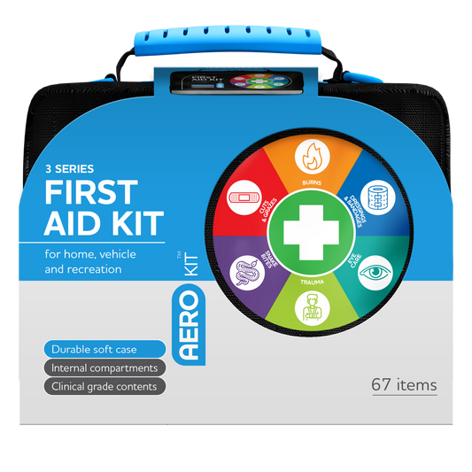 Aero 3 Series first aid kit with durable soft case and organised compartments for home, vehicle, and recreational settings.