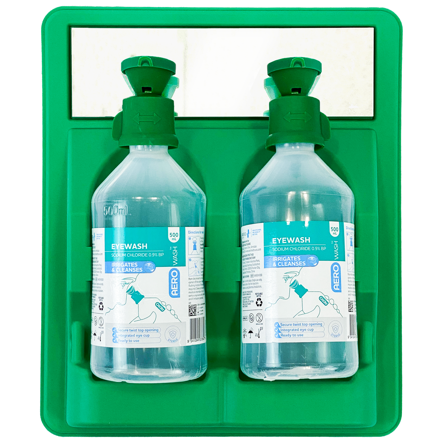 AEROWASH eye care station with dual 500mL bottles and wall-mounted storage design for workplace and safety environments.