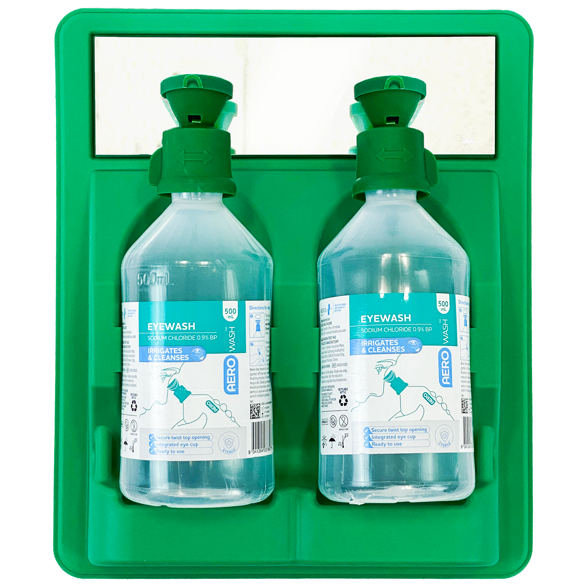 AEROWASH eye care station with dual 500mL bottles and wall-mounted storage design for workplace and safety environments.
