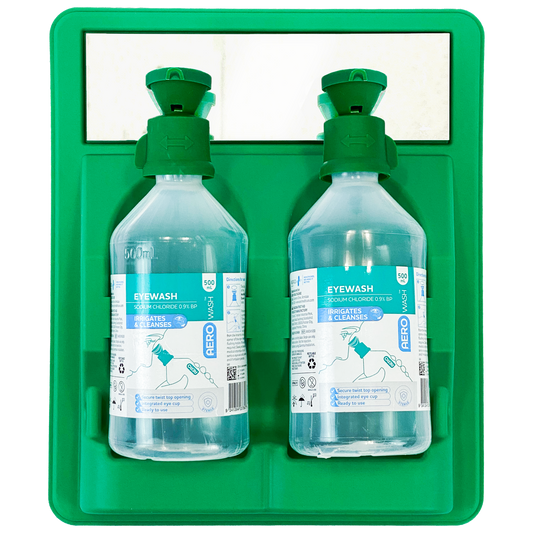 AEROWASH eye care station with dual 500mL bottles and wall-mounted storage design for workplace and safety environments.