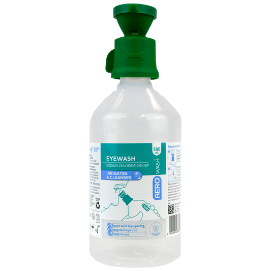 Eyewash bottle with green cap on a white background