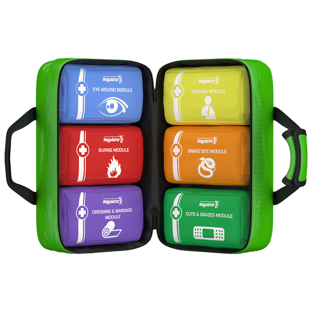 Modular softpack kit organiser with colour-coded storage modules for workplace, training, and professional environments.