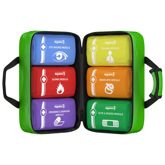 Modular softpack kit organiser with colour-coded storage modules for workplace, training, and professional environments.