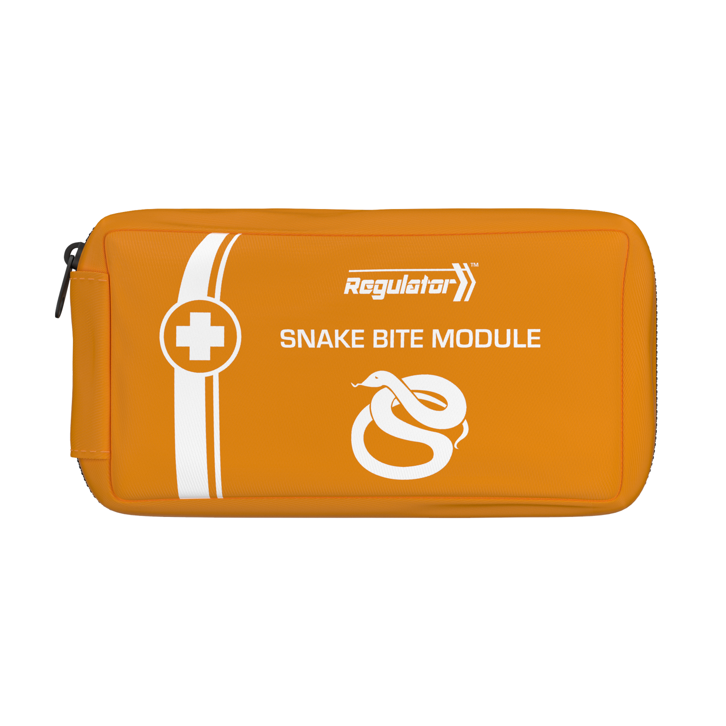 Orange first aid kit labeled 'Snake Bite Module' with a snake and cross design on a white background.