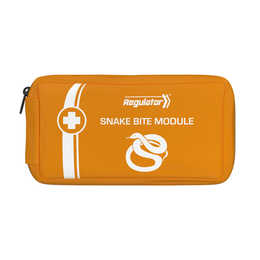 Orange first aid kit labeled 'Snake Bite Module' with a snake and cross design on a white background.
